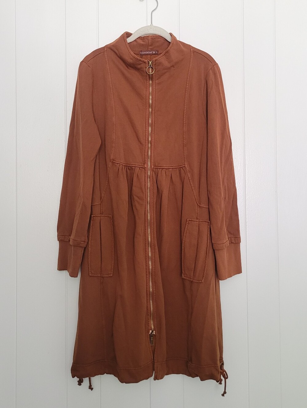 NWT Wearables XCVI Fleece Funnel Neck Longcoat Zip Front Brown Cinch Hem LG - Picture 4 of 16